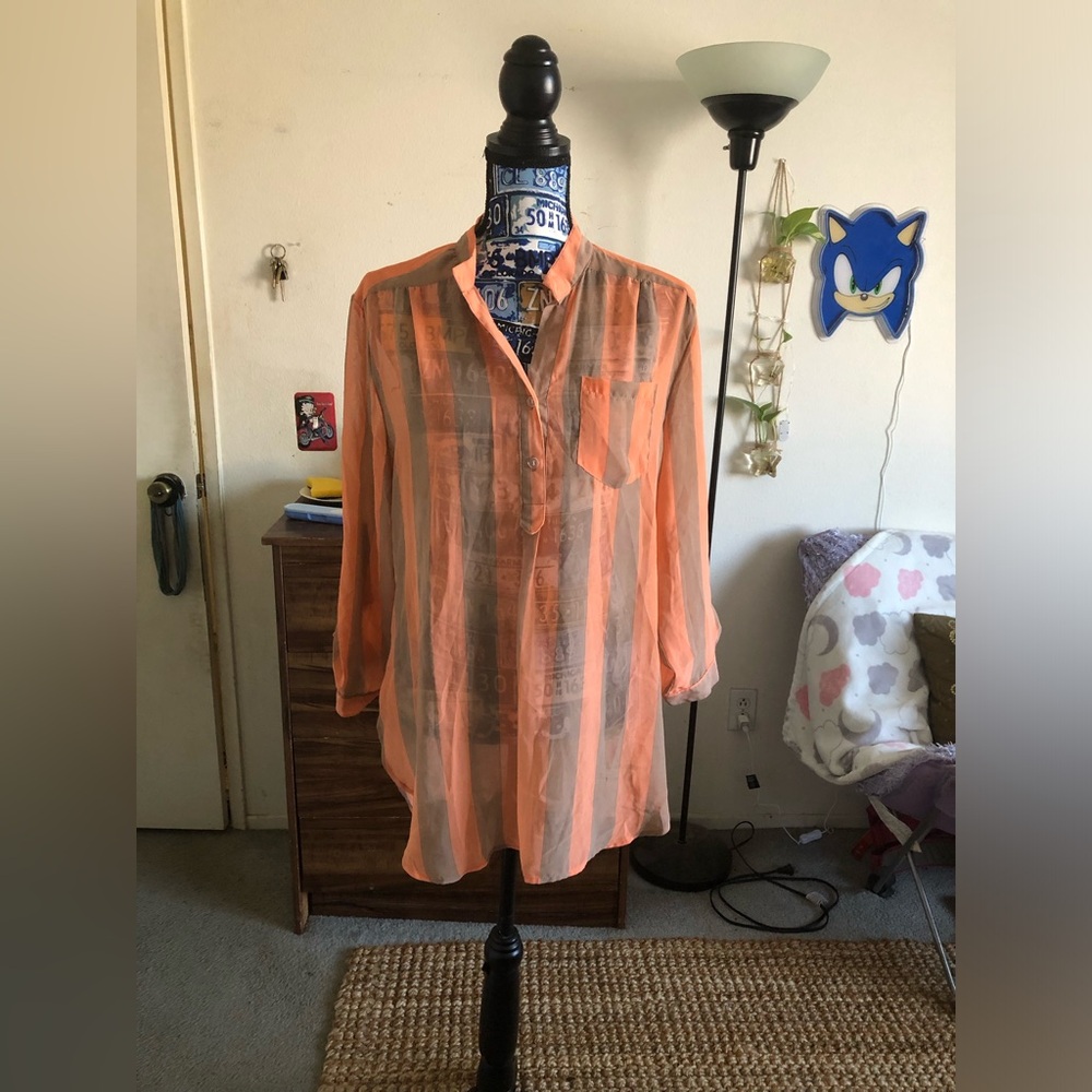 Sexy Women’s Vibrant Orange and Tan Striped Sheer Shirt